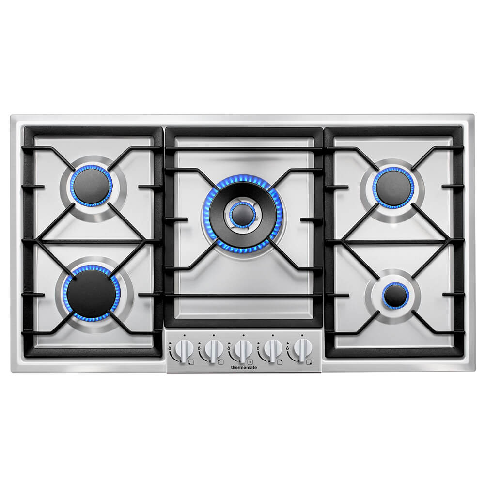 Gasland Chef 36 inch 5 Burner GAS Cooktop with Reversible Cast Iron Grill/Griddle, NG/LPG Convertible, Silver