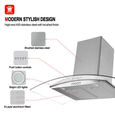 36''Wall Mount Vent Hood with Tempered Glass -Push Button Control-Stainless Steel