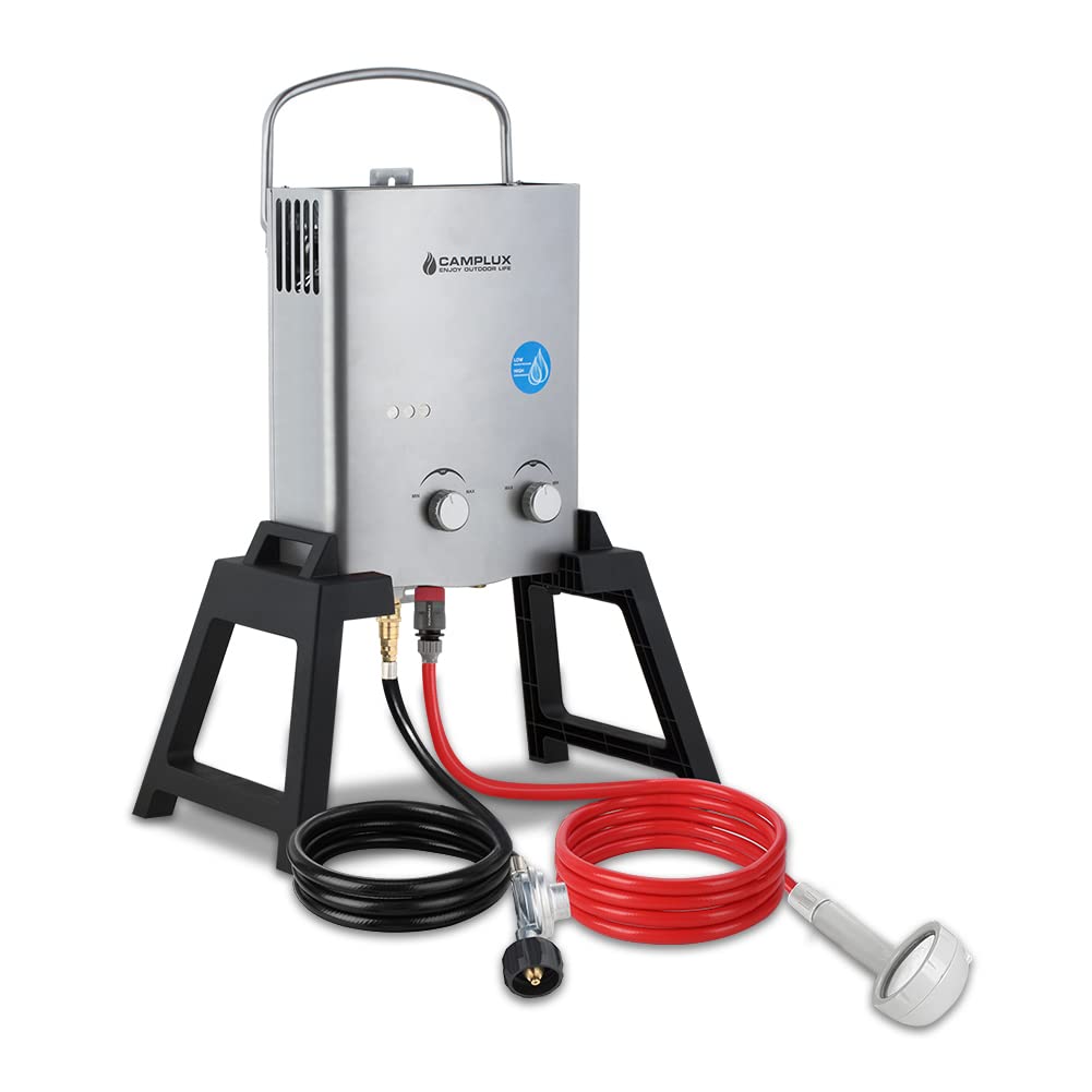 durchlauferhitzer gas camping Camplux 1,32 GPM Tragbare Propangas-Campingdusche für den Außenbereich mit Pumppack-Kits, Grau