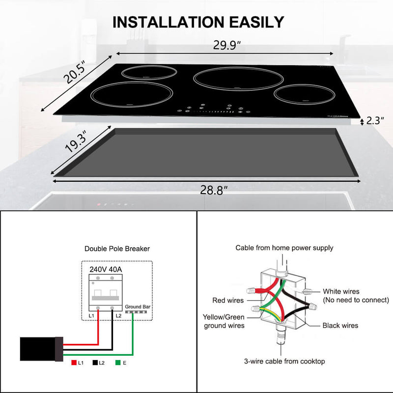 Induction Cooktop, thermomate Built-in Electric Stove Top, 240V Electric Smoothtop with 4 Boost Burner, 9 Heating Level, Timer, Kid Safety Lock, Keep Warm Function, ETL & FCC Certified