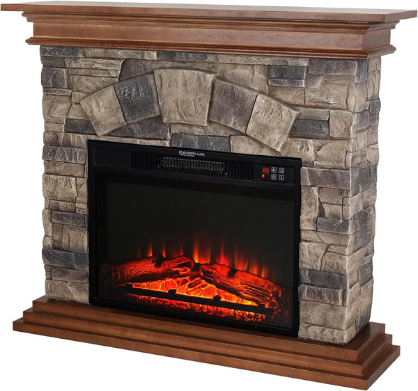 Stone Electric Fireplace,  CAMPLUX TANKLESS 40 Inch Stone Mantel Package with 23 Inch Electric Fireplace Built in, Modern Rock Face Electric Fireplace with Thermostat and Realistic Log Set, Brown