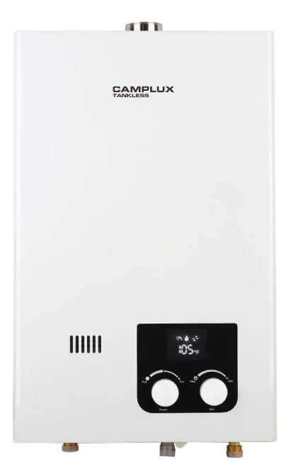 CAMPLUX TANKLESS Natural Gas Water Heater Indoor, Camplux 2.64 GPM On Deamnd Hot Water Heater, CM264-NG, White