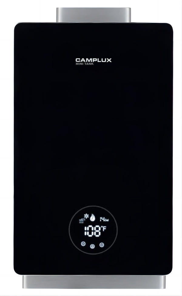 Gas Water Heater Propane, CAMPLUX MINI TANK Propane Water Heater, 3.18 GPM On Demand Instant Hot Water Heater, Indoor, Black