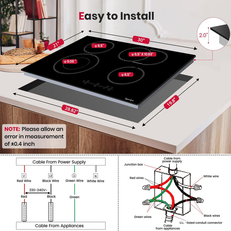 Batteryfree Electric Cooktop 30 Inch, 6600W Radiant Glass Stove Top CH77BF Drop-in 4 Cooking Zones Ceramic Cooktop with 9 Power Levels, Sensor Touch Control, Child Safety Lock, 240V, 1-99 Minute Timer