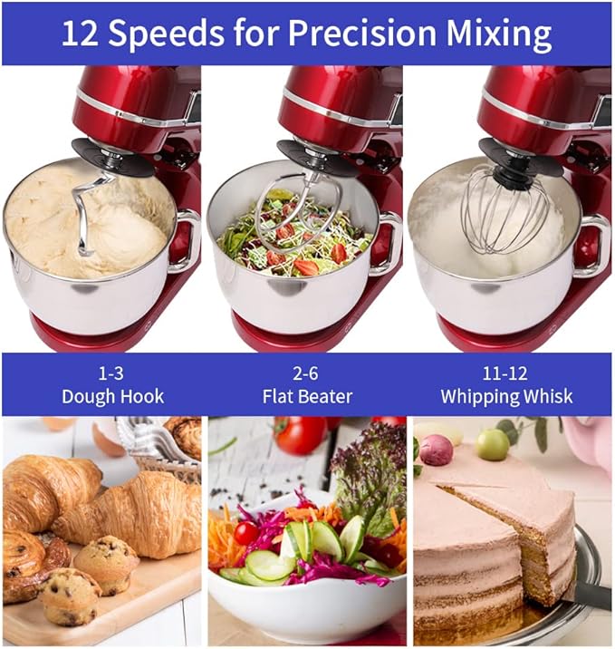 ThermoMate Stand Electric Mixer 6.3 QT, 12 Speeds 300W DC Motor, Planetary Action, Digital Timer with Stainless Steel Mixing Bow, Dough Hook, Flat Beater, Whisk and Splash Guard (Red)