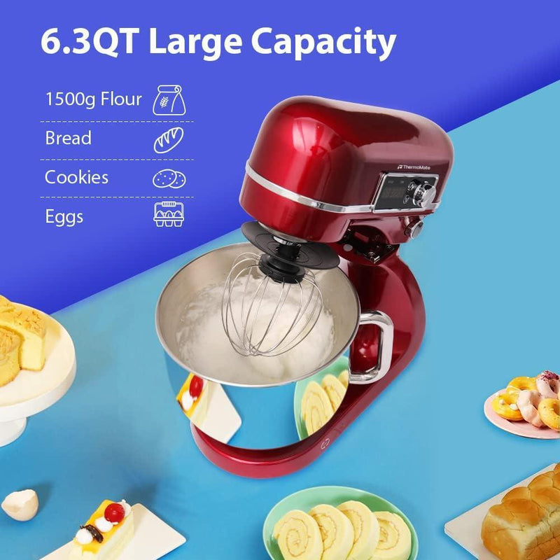 ThermoMate Stand Electric Mixer 6.3 QT, 12 Speeds 300W DC Motor, Planetary Action, Digital Timer with Stainless Steel Mixing Bow, Dough Hook, Flat Beater, Whisk and Splash Guard (Red)