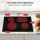 Batteryfree Electric Cooktop 30 Inch, 6600W Radiant Glass Stove Top CH77BF Drop-in 4 Cooking Zones Ceramic Cooktop with 9 Power Levels, Sensor Touch Control, Child Safety Lock, 240V, 1-99 Minute Timer