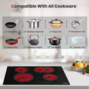 Batteryfree Electric Cooktop 30 Inch, 6600W Radiant Glass Stove Top CH77BF Drop-in 4 Cooking Zones Ceramic Cooktop with 9 Power Levels, Sensor Touch Control, Child Safety Lock, 240V, 1-99 Minute Timer