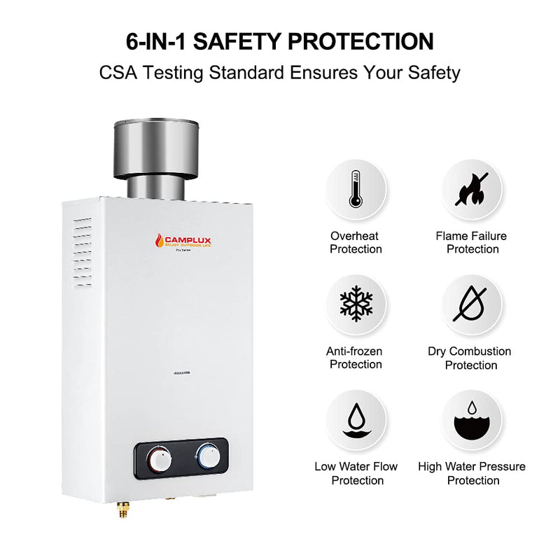 Camplux 2.64 GPM Outdoor Propane Gas Water Heater w/ 4.33" Rain Cap - Protection