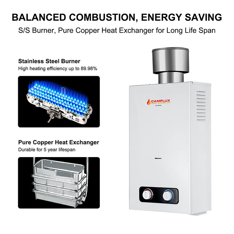 Camplux 2.64 GPM Outdoor Propane Gas Water Heater w/ 4.33" Rain Cap - Energy Saving