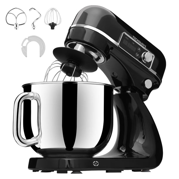 Tecnolove 6-Quart 12-Speed Stand Mixer - All Metal with Mixing Bowl - Black