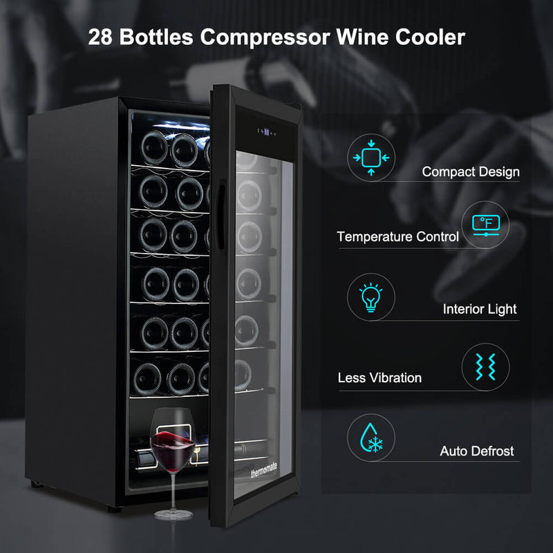 thermomate 28 Bottle Wine Cooler Refrigerator, 2.62cu.ft Freestanding Compressor Wine Fridge, Auto Defrost Quiet Operation Single Zone Wine Cellar, 41F-64F Temperature Range for Red, White and Champagne Wine, ETL Listed