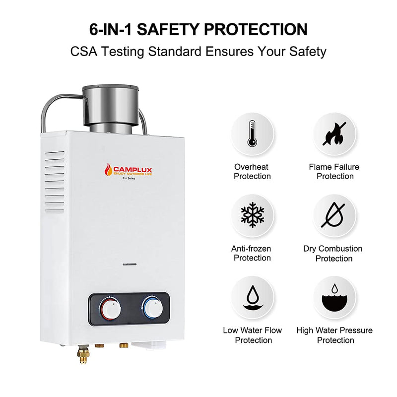 Camplux 1.58 GPM Outdoor Tankless Propane Water Heater with S/S Rain Cap - Safety