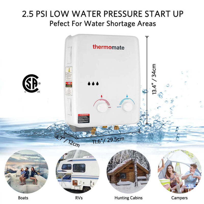 Propane Water Heater Tankless, thermomate 1.32GPM Outdoor Portable Gas  Water Heater, On Demand Hot Water for Camping, Boats, RV, Hiking, White