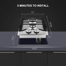 12 Inch Gas Cooktop, thermomate Built In Gas Rangetop with 2 High Efficiency SABAF Burners, NG/LPG Convertible 304 Stainless Steel Gas Stove Top with Flame Out Protection