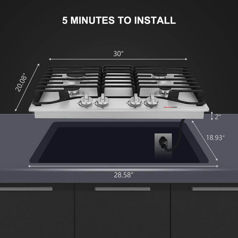 30 Inch Gas Stove Cooktop, thermomate Built InGas Rangetop with 4 High Efficiency SABAF Burners, NG/LPG Convertible 304 Stainless Steel Gas Hob with Flame Out Protection