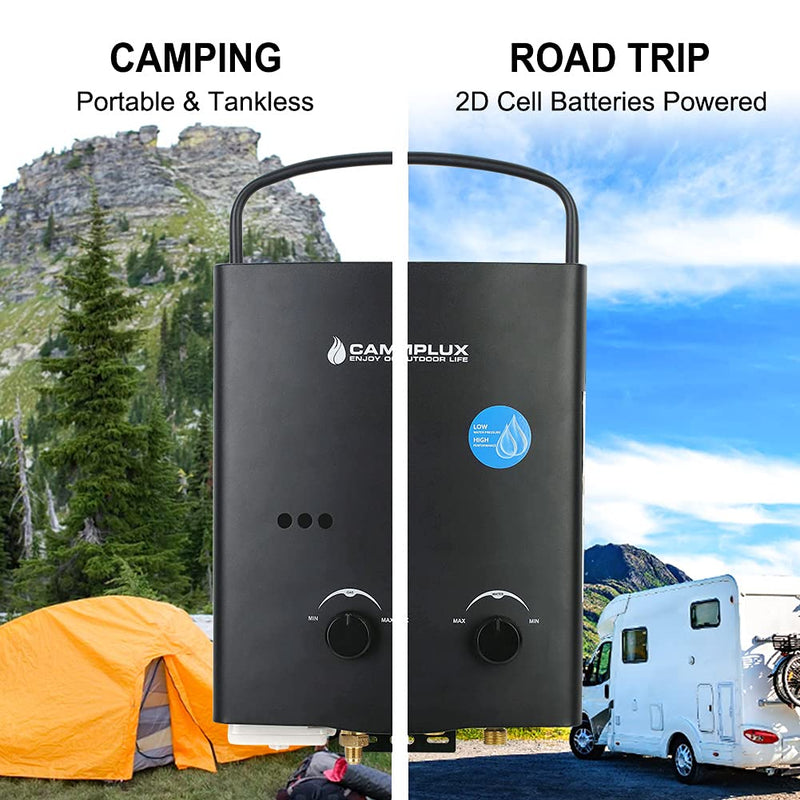 Camplux Black 1.32 GPM Outdoor Tankless Gas Water Heaters w/ 1.2 GPM Water Pump - Camping & Road Trip