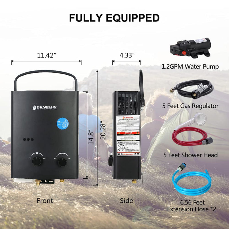 Camplux Black 1.32 GPM Outdoor Tankless Gas Water Heaters w/ 1.2 GPM Water Pump - Equipped