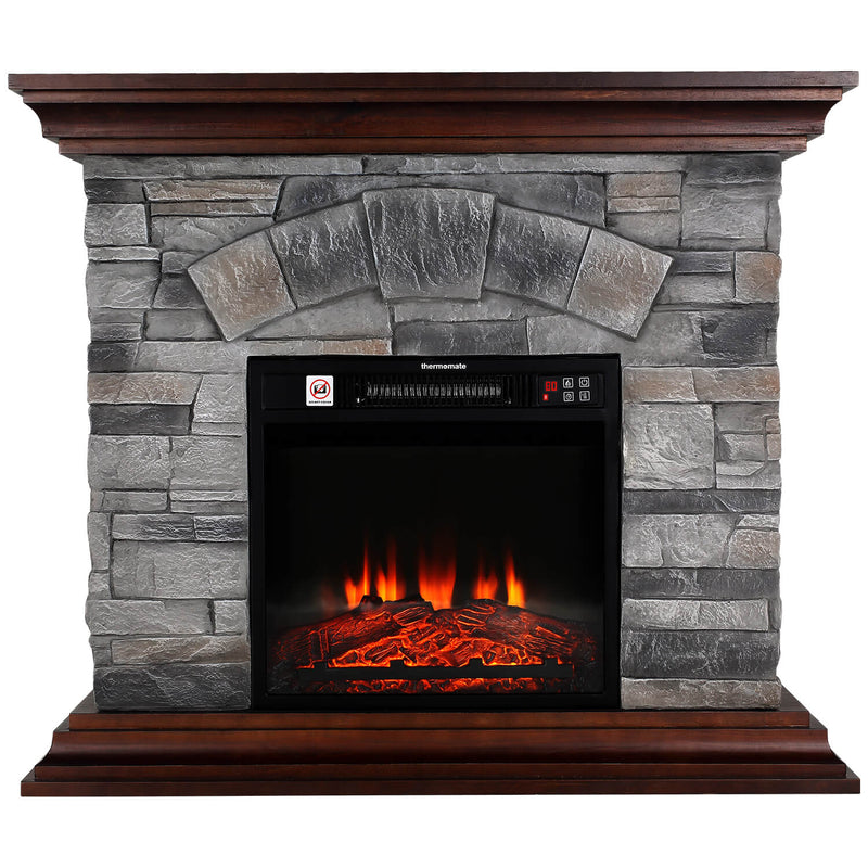 Stone Electric Fireplace, thermomate 40 Inch Stone Mantel Package with 18 Inch Electric Fireplace Built in, Modern Rock Face Electric Fireplace with Thermostat and Realistic Log Set, Grey