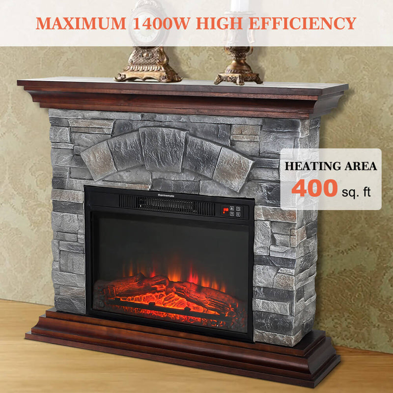 Stone Electric Fireplace, thermomate 40 Inch Stone Mantel Package with 23 Inch Electric Fireplace Built in, Grey Modern Rock Face Electric Fireplace with Thermostat and Realistic Log Set
