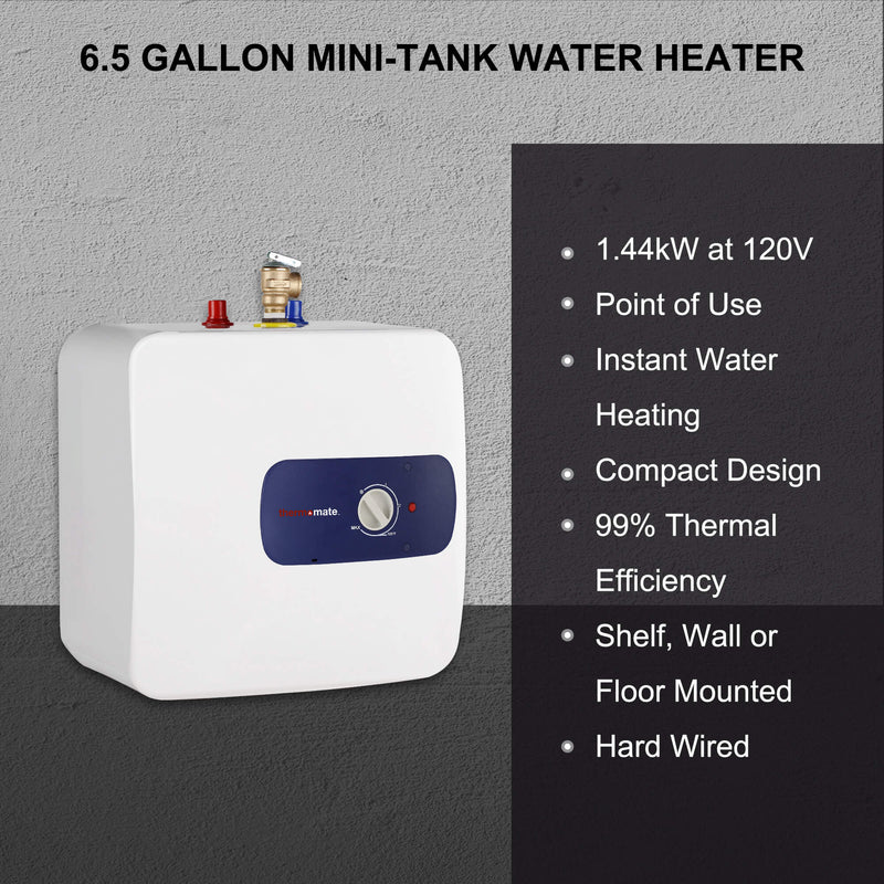 thermomate Electric Mini Tank Water Heater, ES700 6.5 Gallons Point of Use Water Heater for Instant Hot Water Under Kitchen Sink Plugin Cabled 120V 1440W