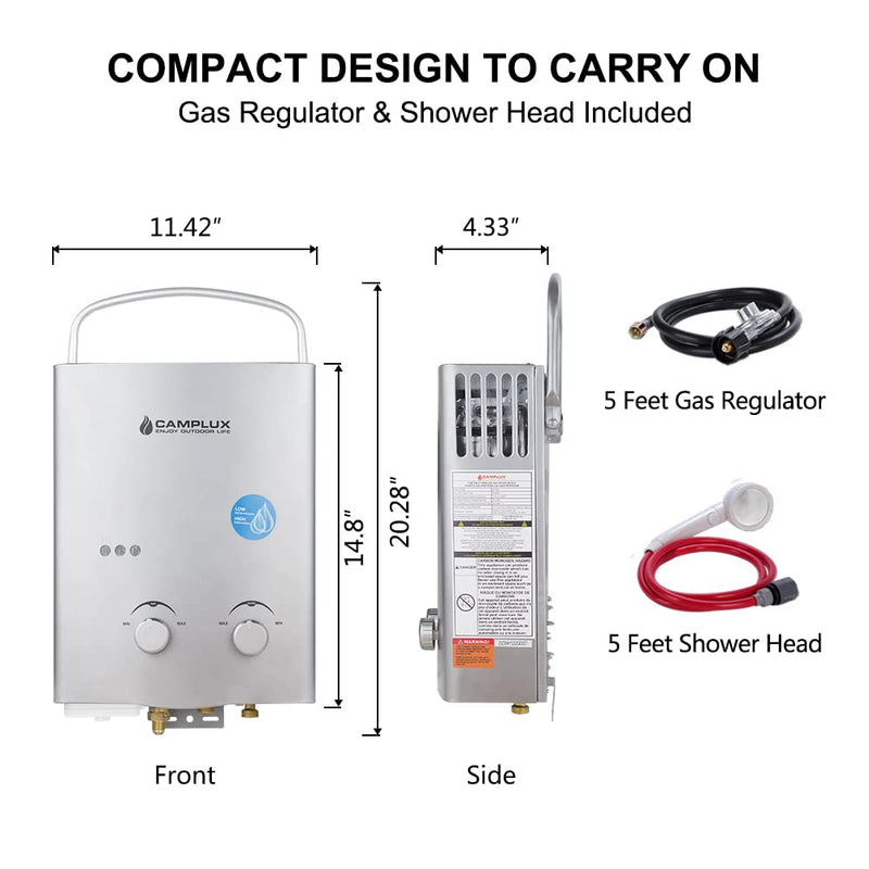 Camplux 5L 1.32 GPM Outdoor Portable Propane Gas Tankless Water Heater With 1.2 GPM Pump