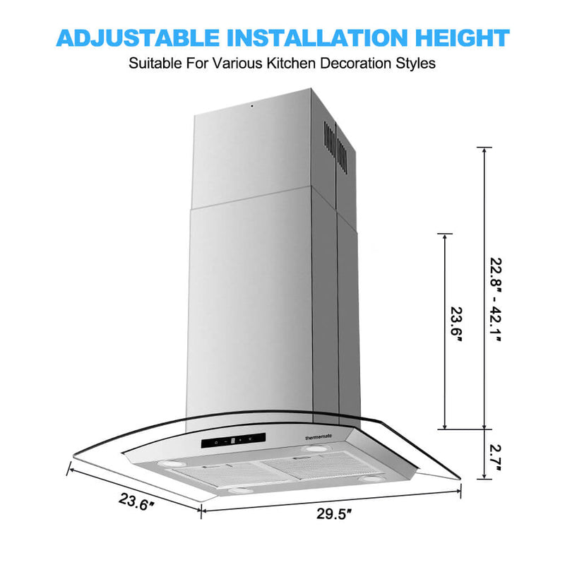 Thermomate 30‘’ Island Range Hood - Touch Control - Silvery