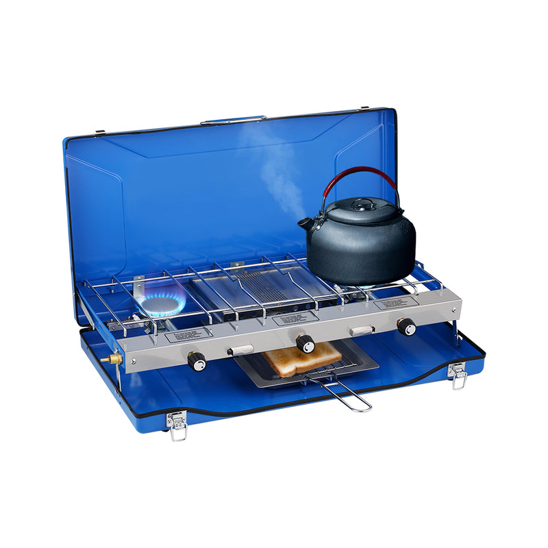 kocher camping Camplux Propan-Campingkocher, 2 Brenner und 1 Grill, 20.400 BTU Selbstzündung