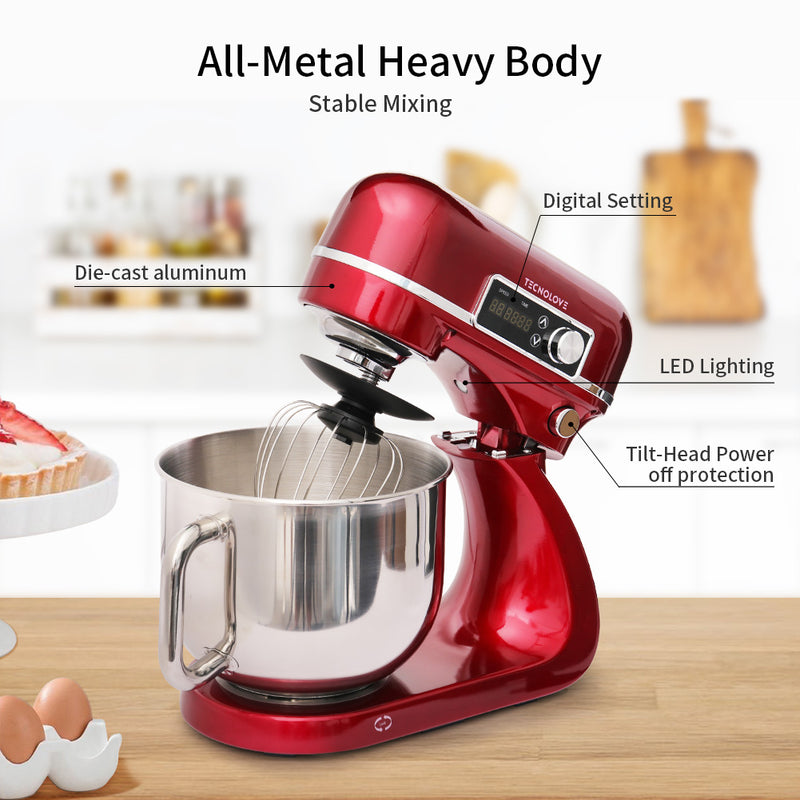 Tecnolove 6-Quart 12-Speed Stand Mixer - All Metal with Mixing Bowl - Red