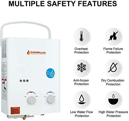 Camplux White 1.32 GPM Outdoor Tankless Gas Water Heaters w/ 1.2 GPM Water Pump - Safety